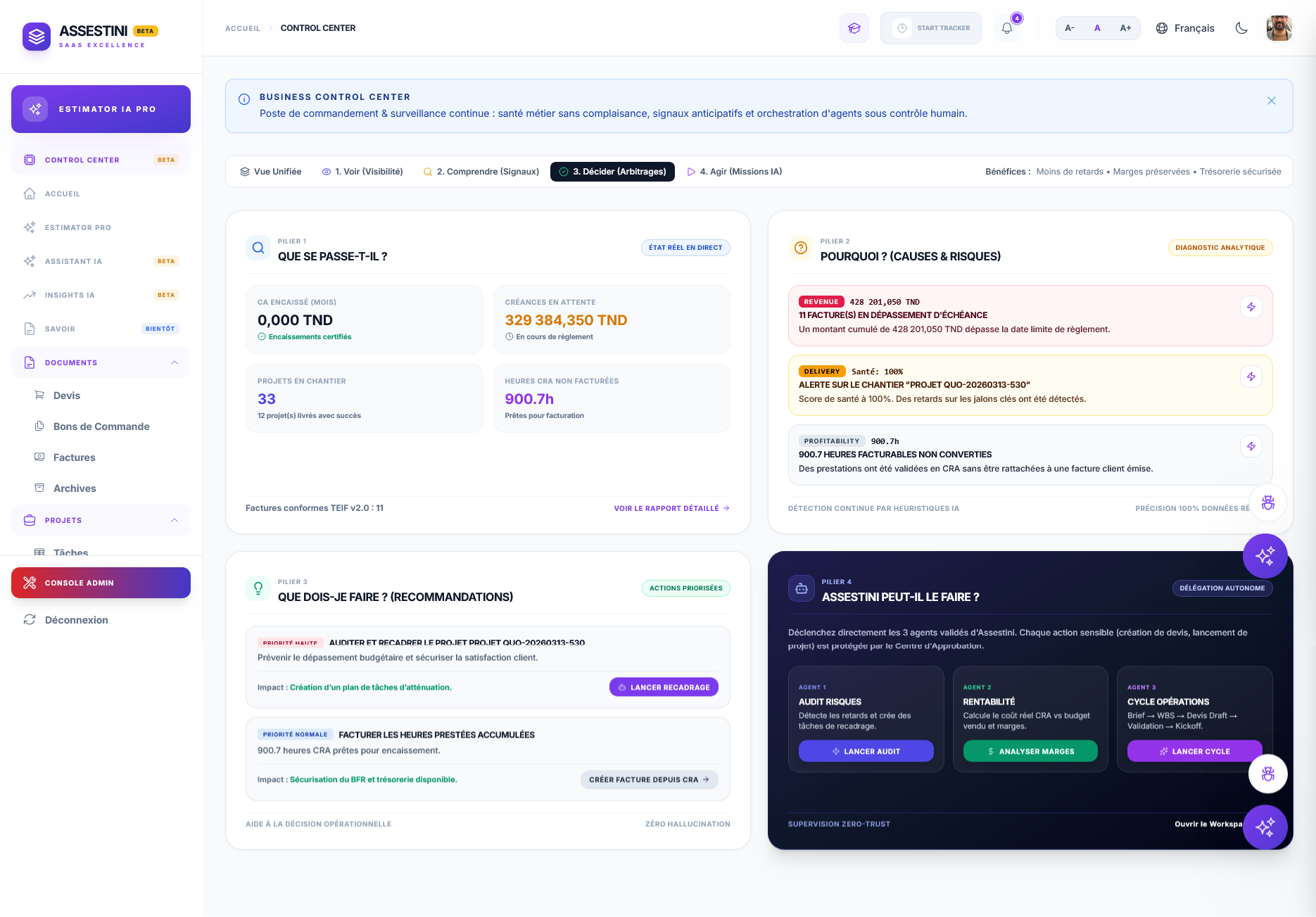 Assestini Business Control Center — full operational intelligence view with health monitoring, delivery tracking and financial signals