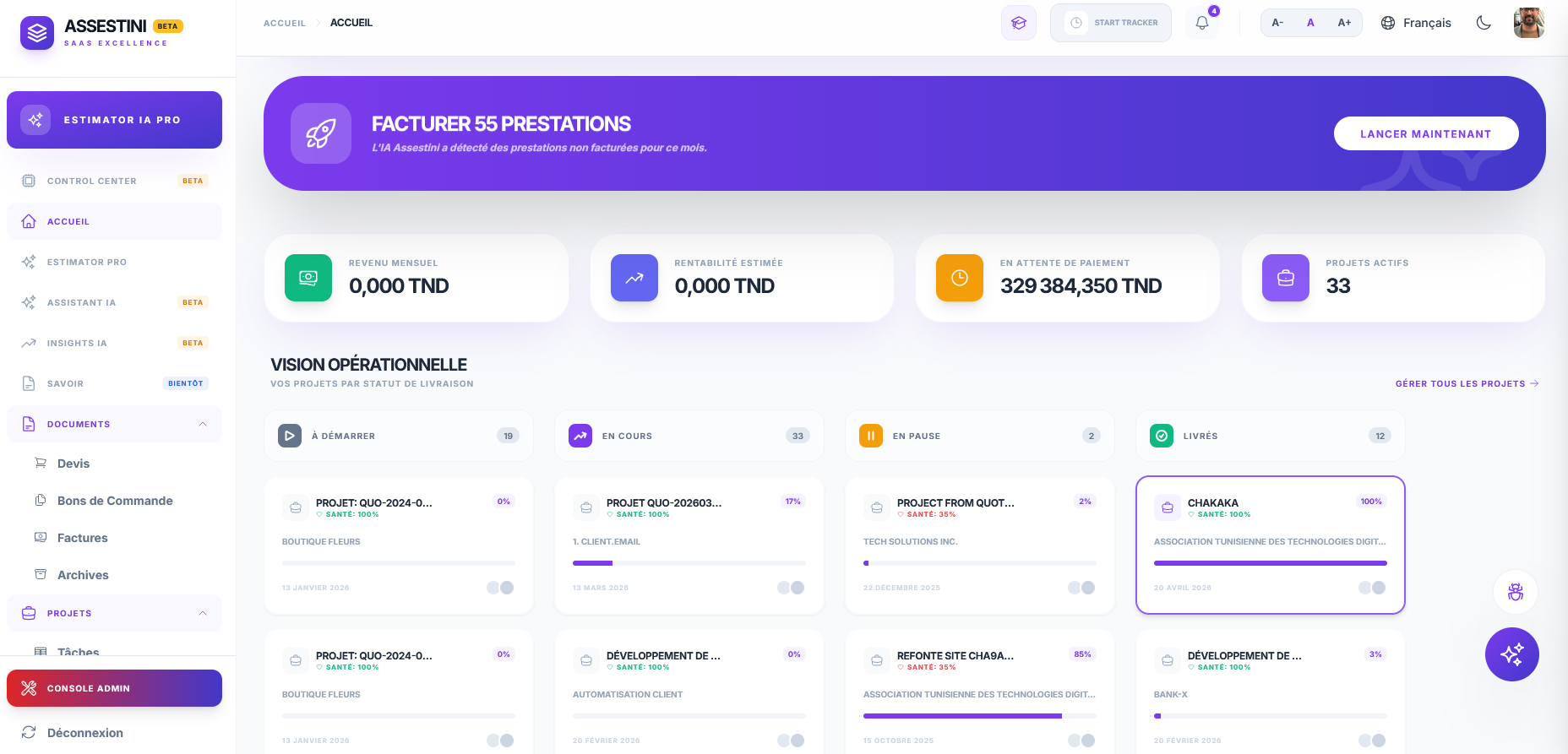 Assestini operational dashboard showing Vision Opérationnelle with project delivery pipeline and business KPIs